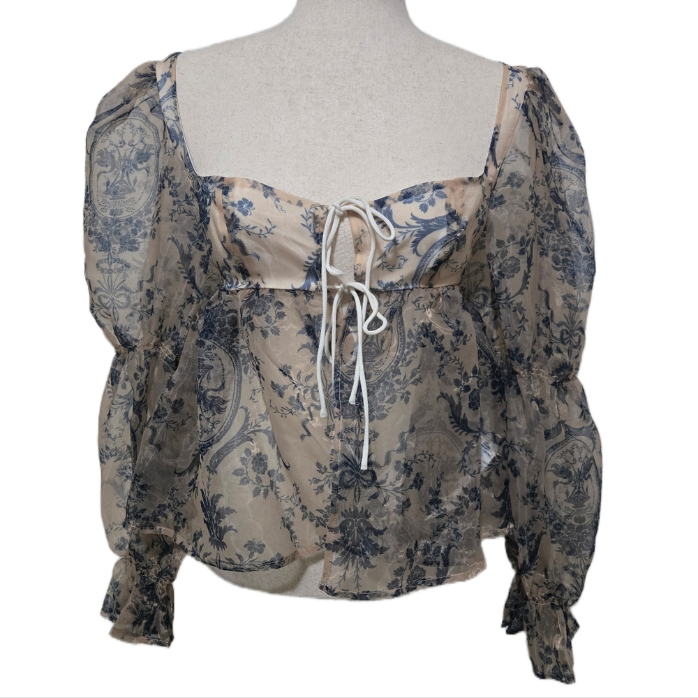 ​Urban Outfitters Lost In Thought Sheer Blouse Toile Print Puff Sleeve Small